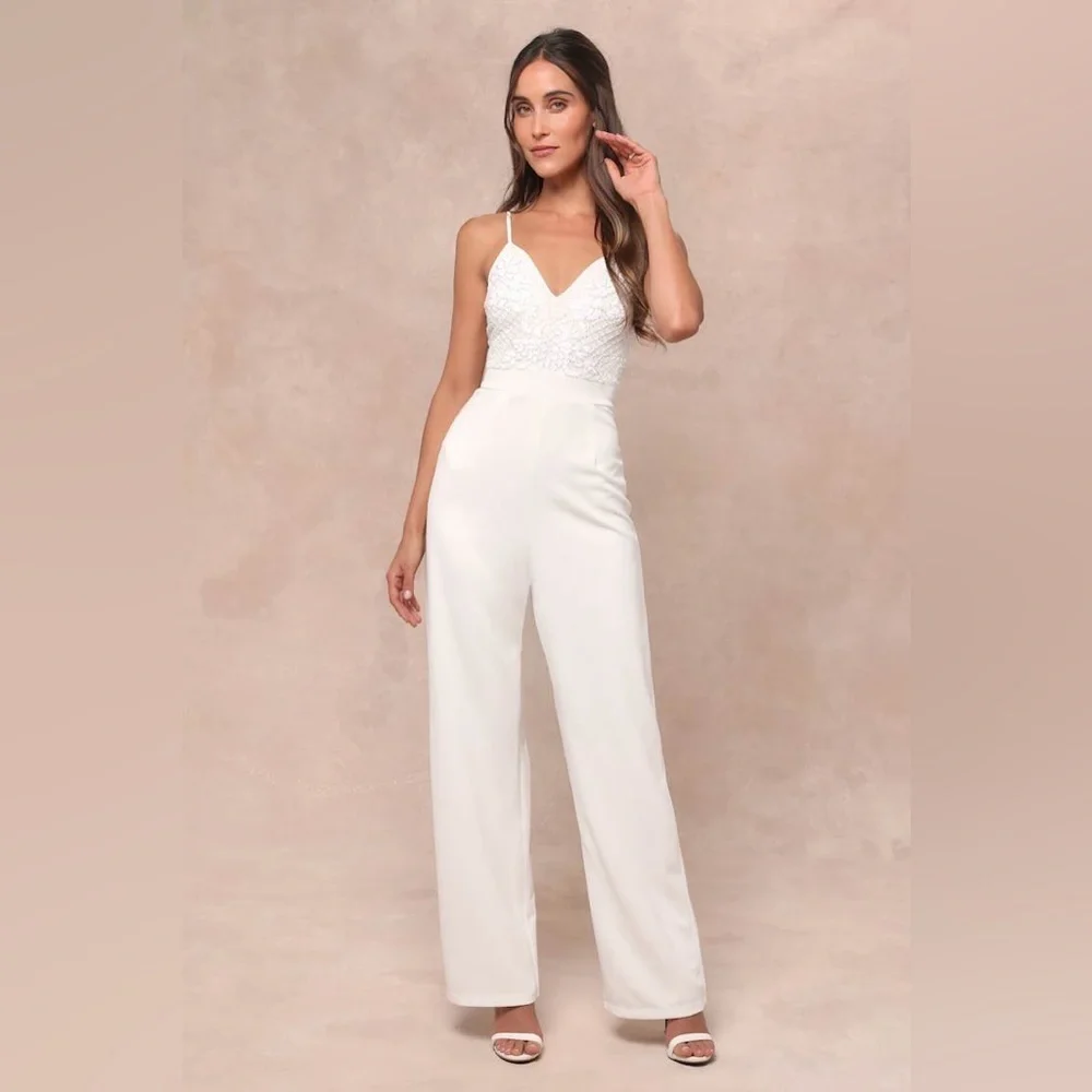 LULU’S Memorable Occasion White Beaded Sequin Wide-Leg Jumpsuit